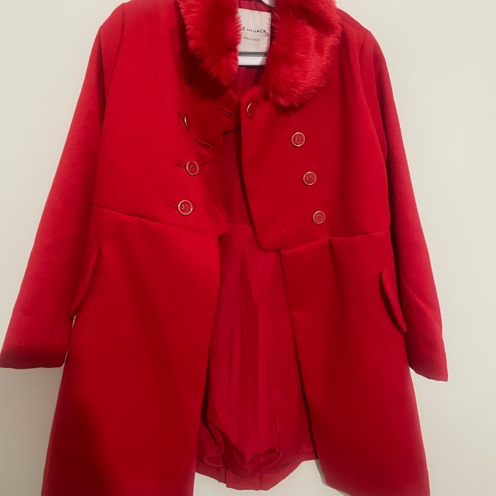 Janie and Jack Red Double-Breasted Coat with Faux Fur Collar